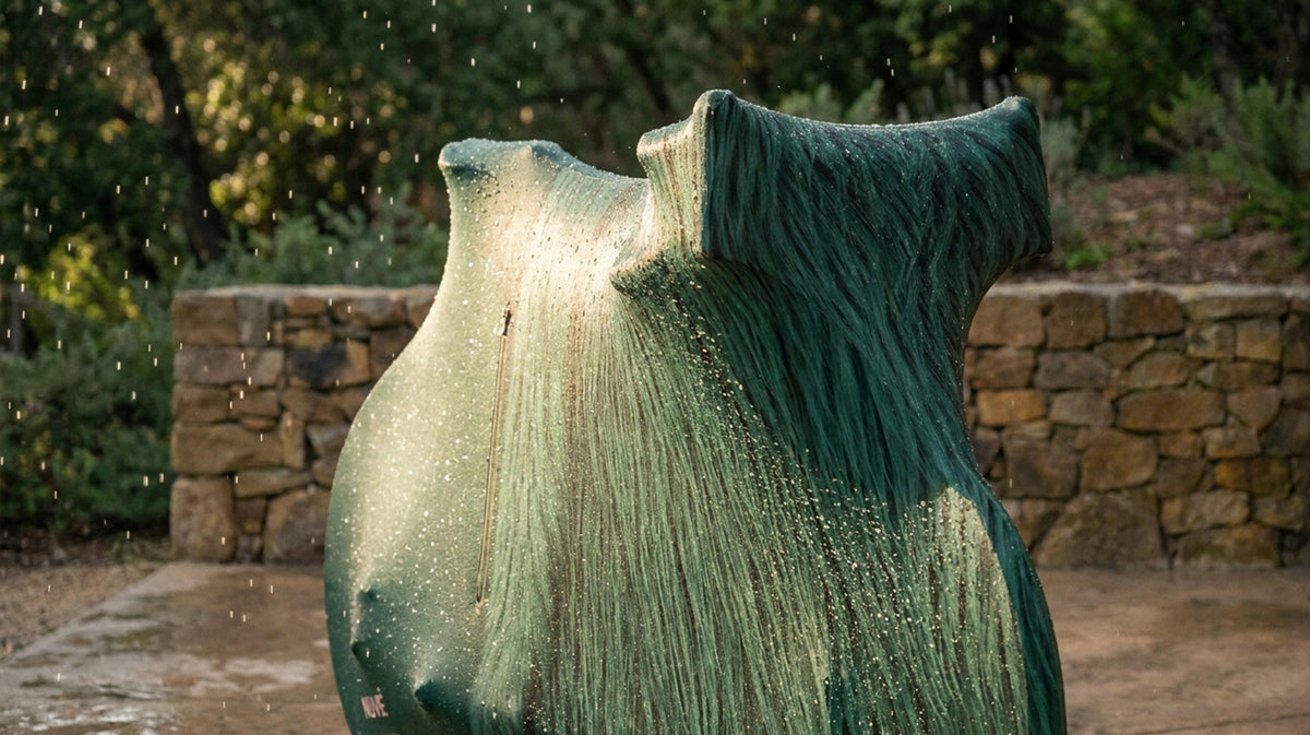 NX1 bicycle enclosure in Mayfair Fur colourway, dark green leather and fur, front view on wet outdoor background.
