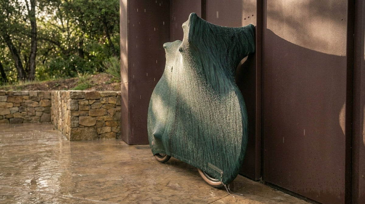 NX1 bicycle enclosure in Mayfair Fur colourway, dark green leather and fur, front view on wet outdoor background.