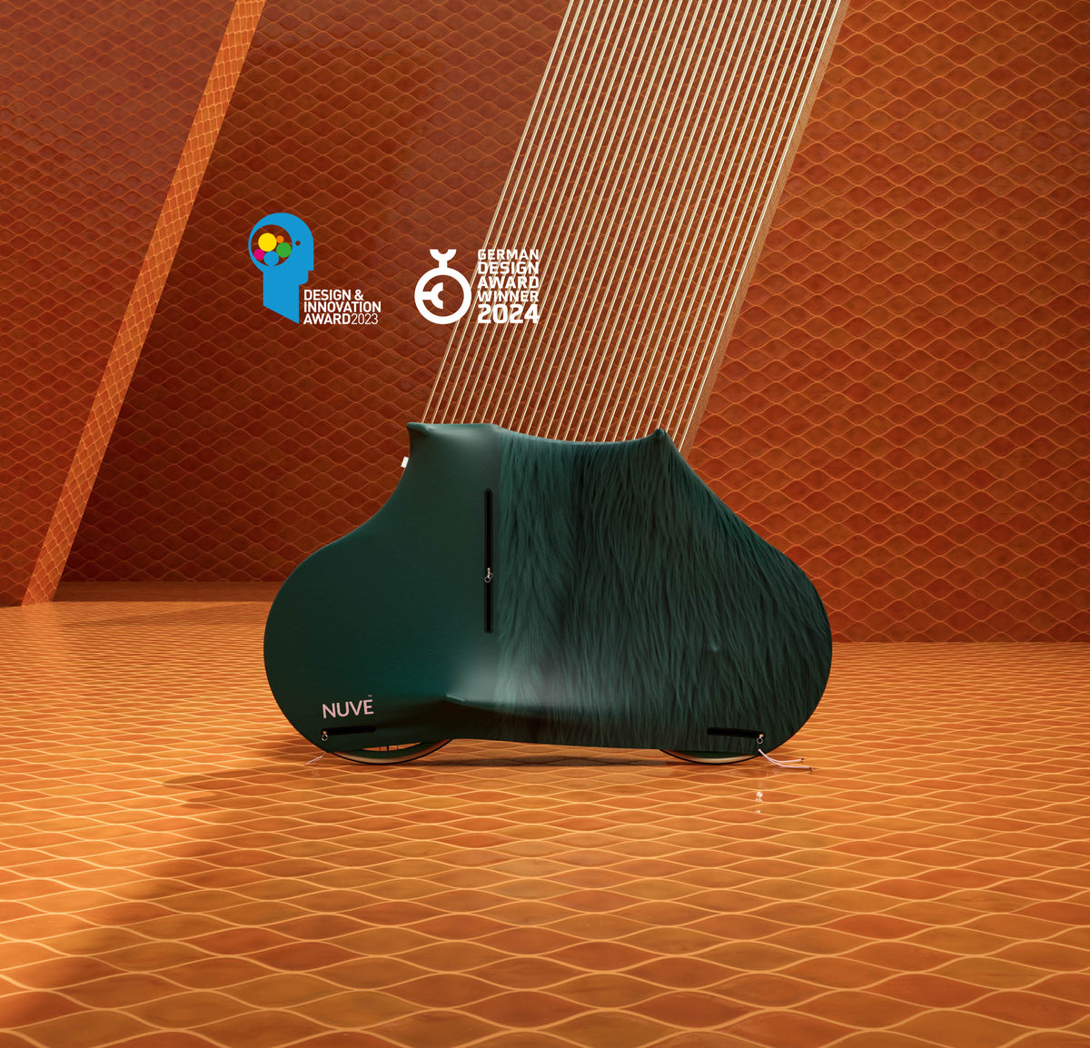 NX1 bicycle enclosure in Mayfair Fur colourway, dark green leather and fur, side view on outdoor architectural background.