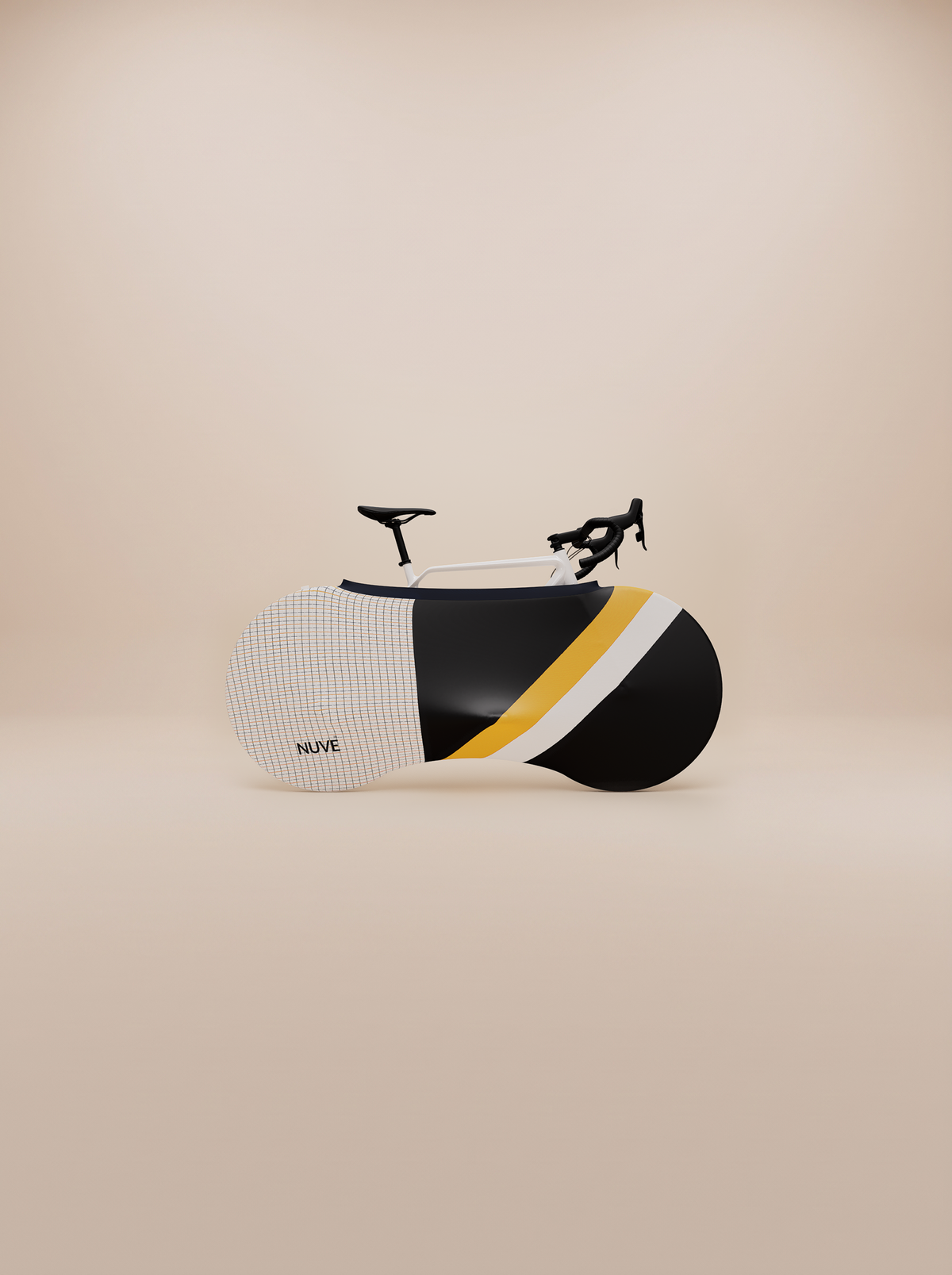 NX2 bicycle enclosure in Hackney Plaid colourway, blue navy and yellow two-tone, in a neutral background.