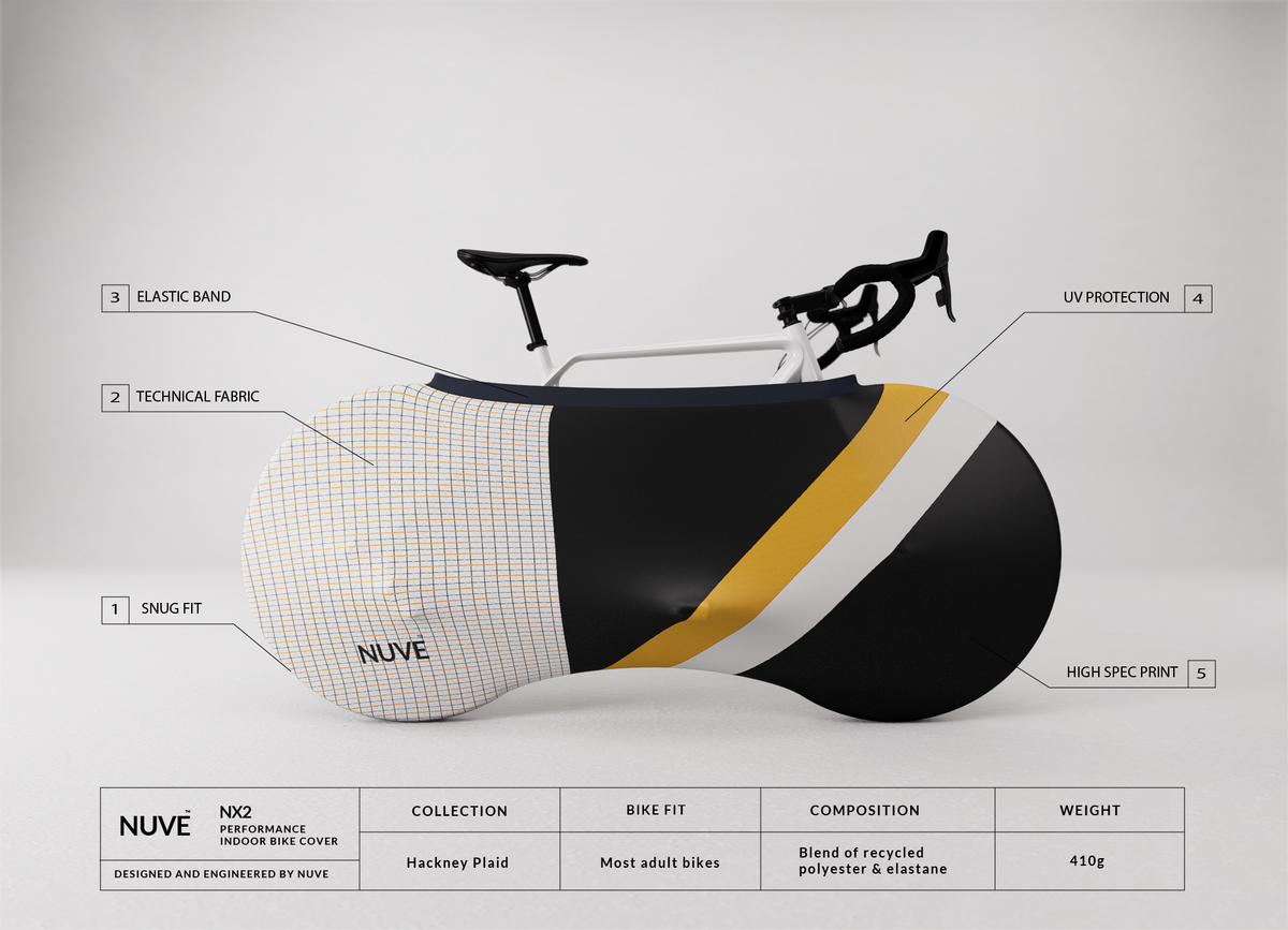 Nuve NX2 protective gear in Hackney Plaid colour range, navy blue with yellow and white strips, with numbered callouts and labels pointing to features like elastic band, UV protection, technical fabric and high spec print A specification table is visible at the bottom, in a neutral background.